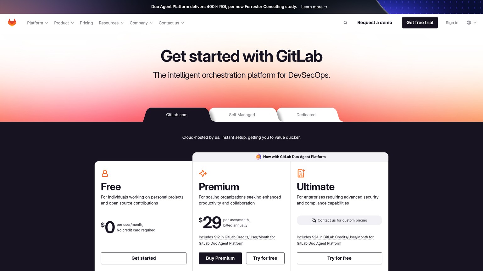 GitLab pricing page with Duo Agent Platform credits