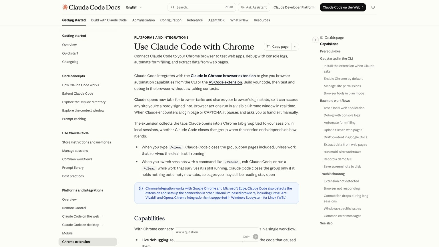 Claude Code Chrome integration documentation showing browser automation from the coding workflow