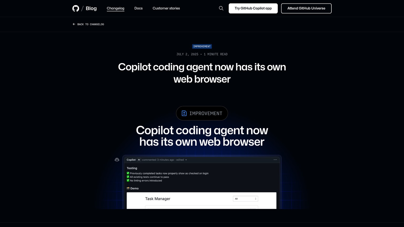 GitHub Copilot coding agent browser announcement showing Playwright validation and a screenshot in a pull request