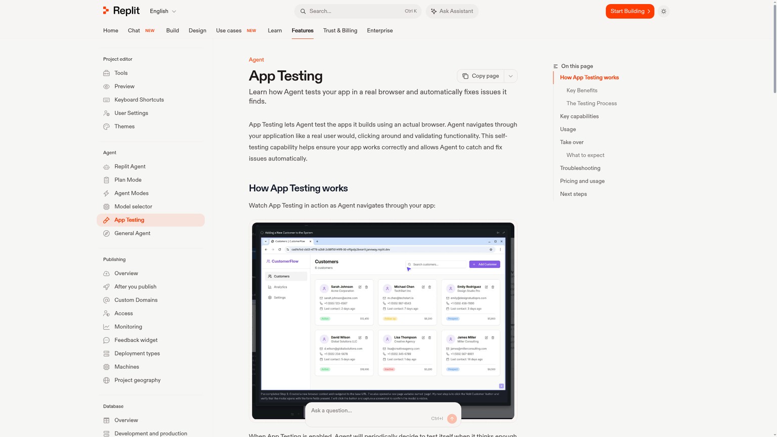 Replit Agent App Testing documentation showing browser preview, autonomous testing, takeover, and replay