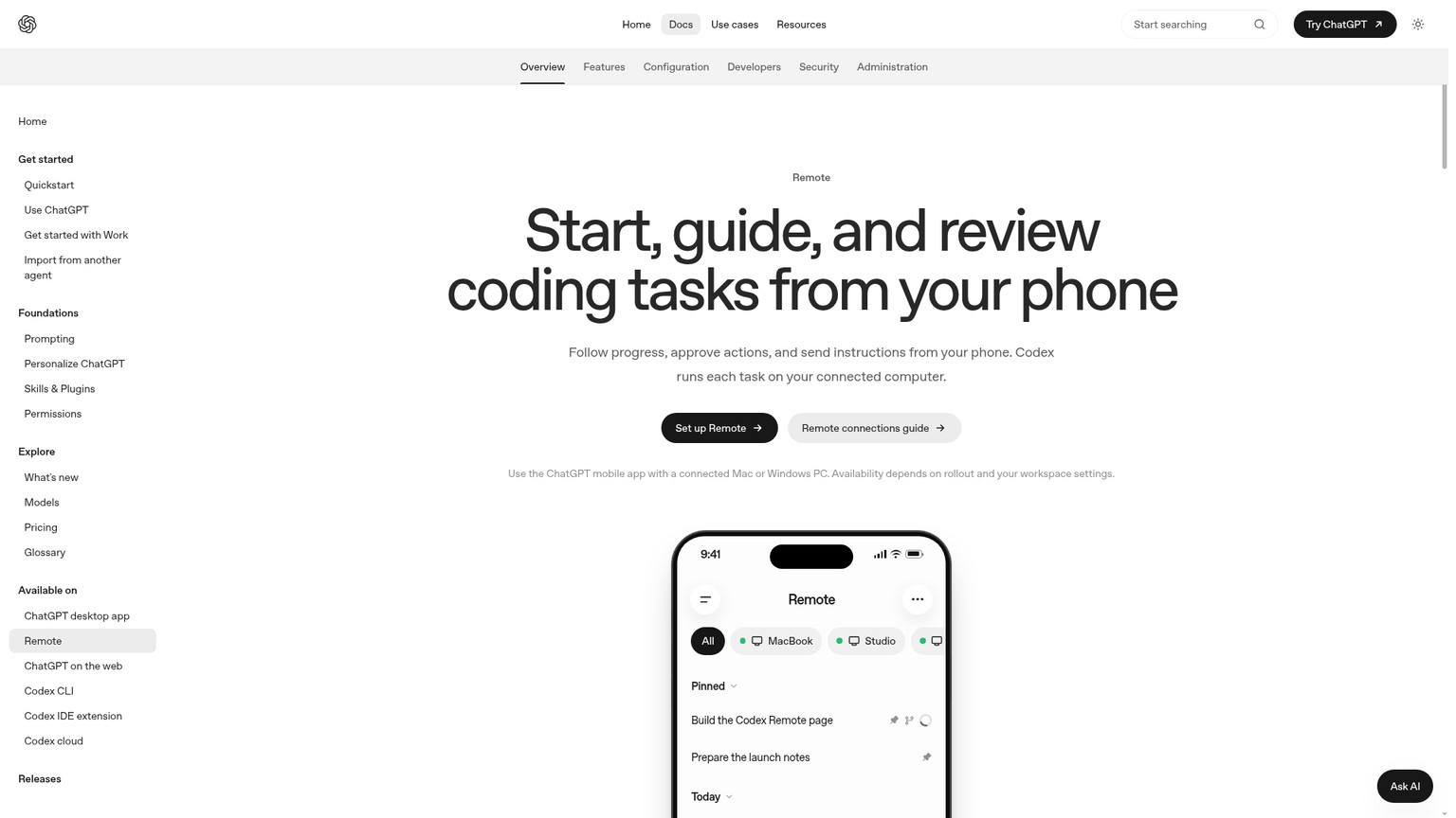OpenAI Codex Remote documentation showing phone-based task starts, approvals, diffs, and test review