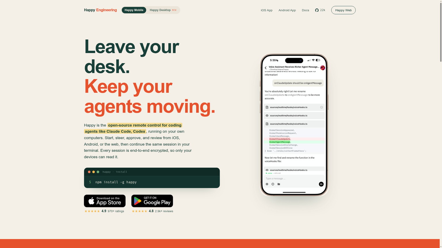 Happy product page showing an encrypted mobile remote for Claude Code and Codex