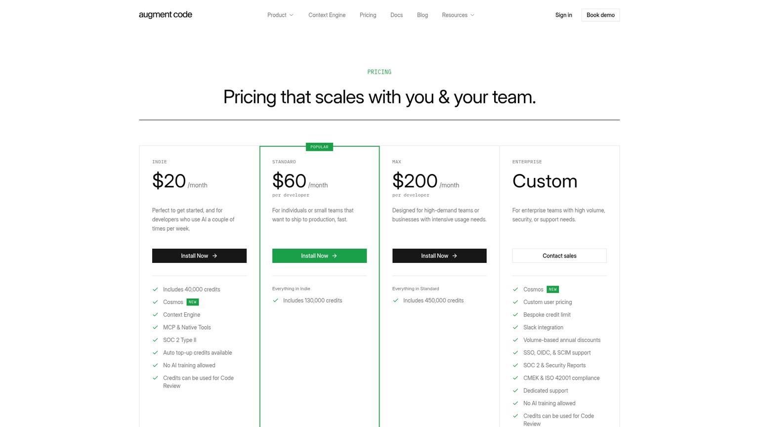 Augment Code pricing screenshot