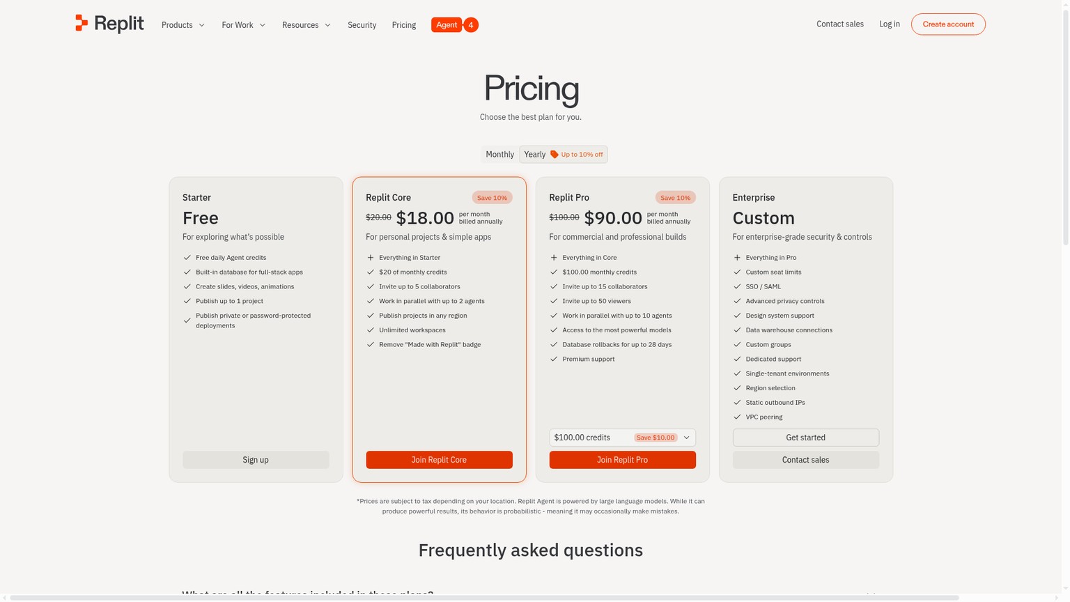 Replit pricing screenshot