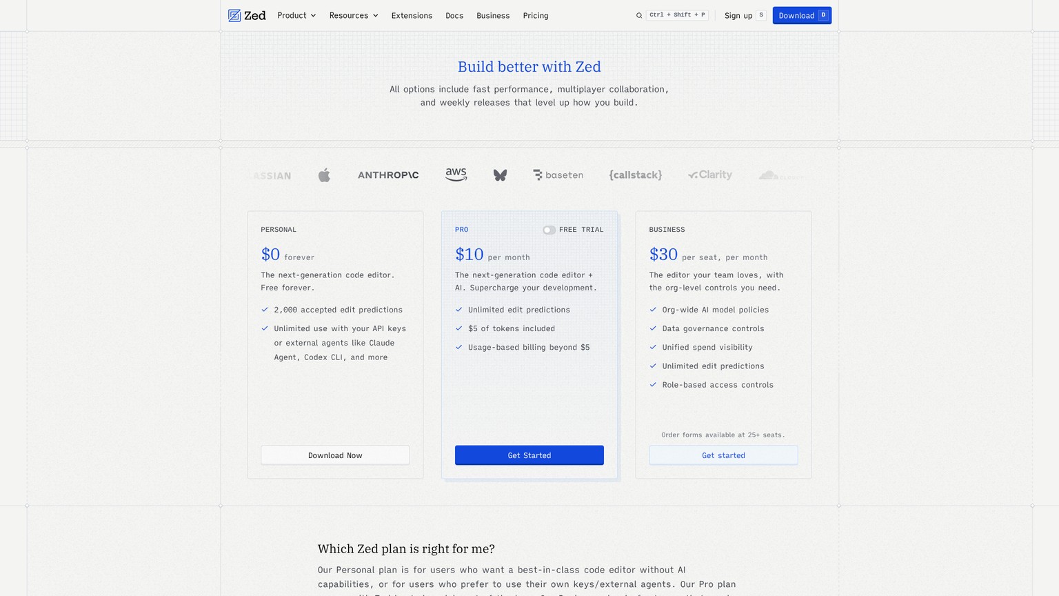 Zed pricing screenshot