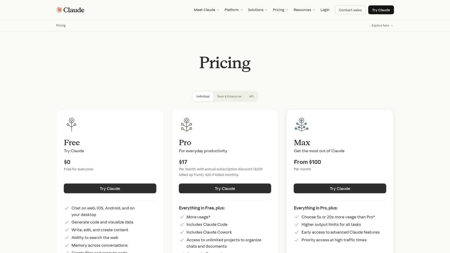 Claude pricing screenshot
