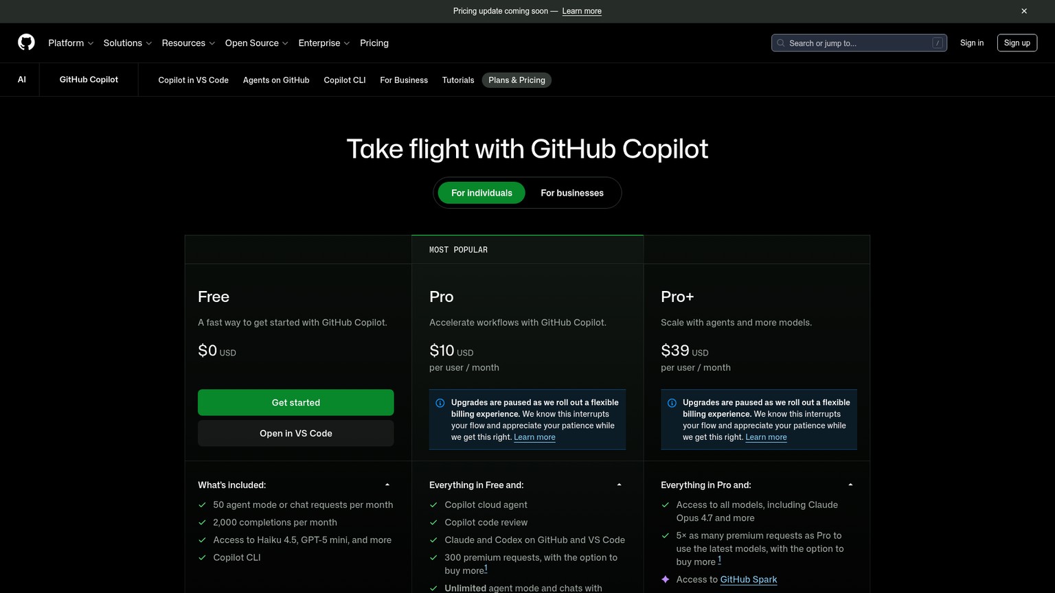 GitHub Copilot pricing screenshot