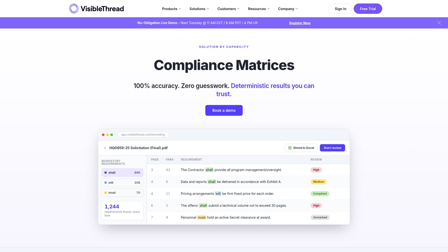 VisibleThread deterministic compliance matrix workflow