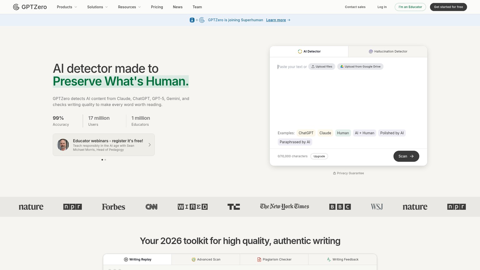 GPTZero AI detector product interface