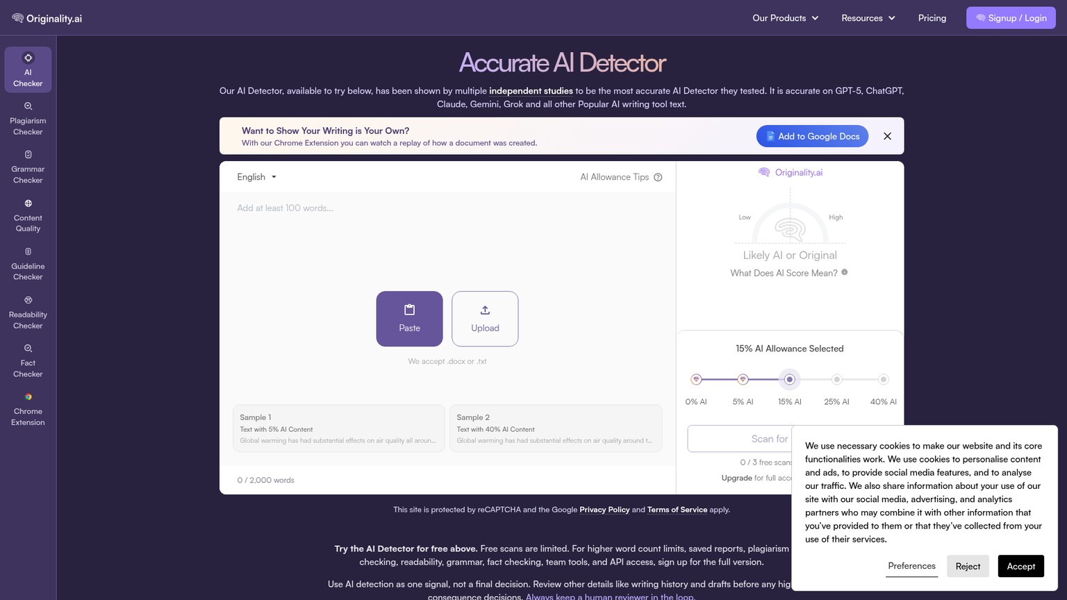 Originality.ai detector and content-audit interface