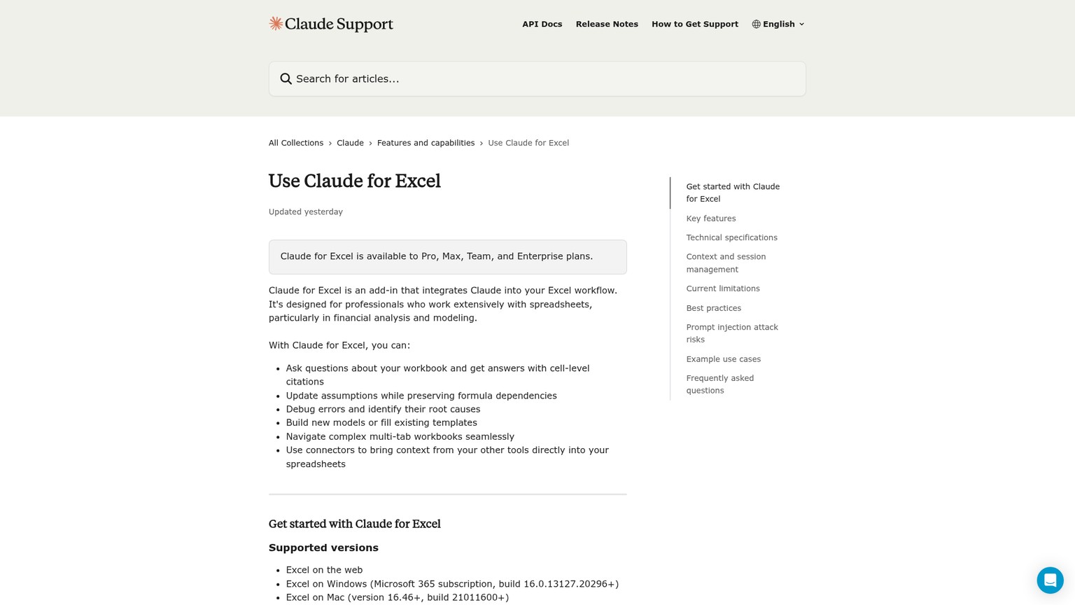 Official Claude for Excel documentation showing the Excel workflow