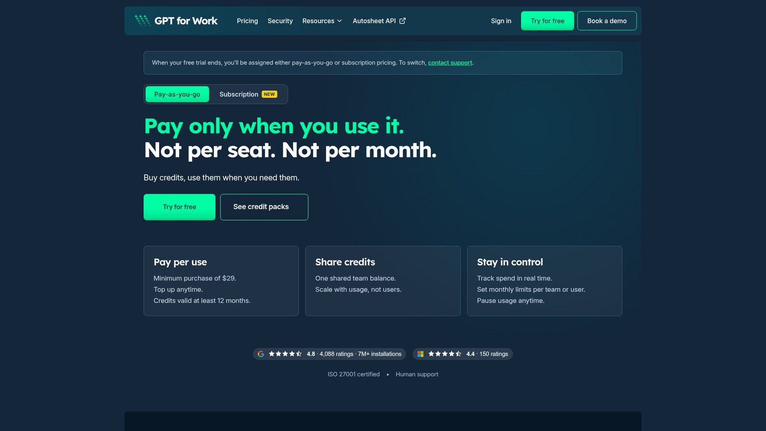 GPT for Work pricing page showing pooled pay-as-you-go credit packs