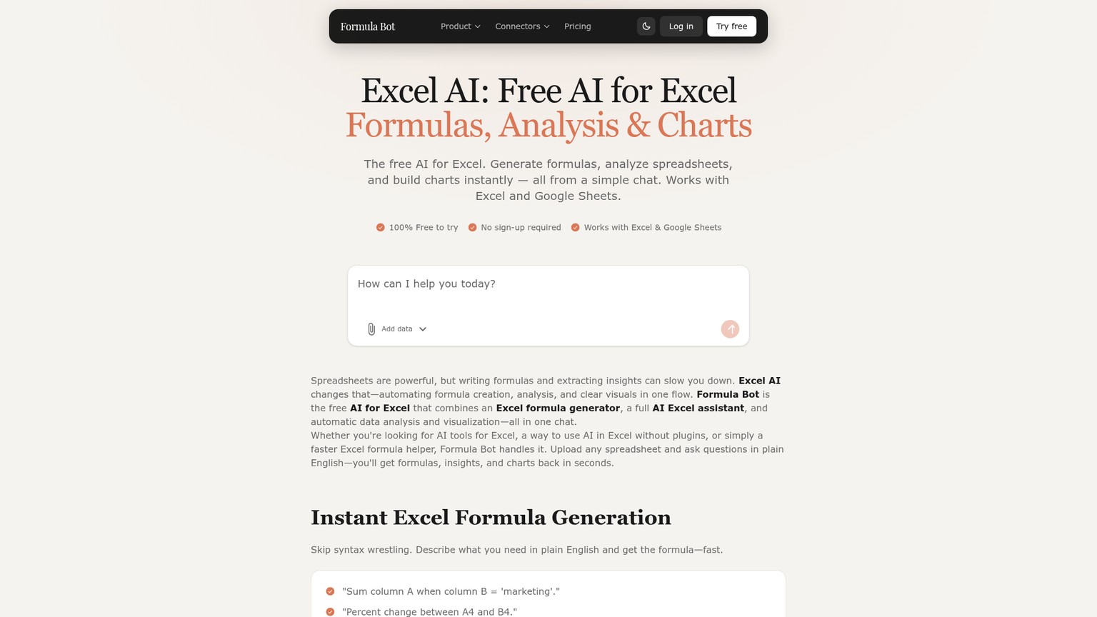 Formula Bot Excel AI page showing formula, analysis, and chart features