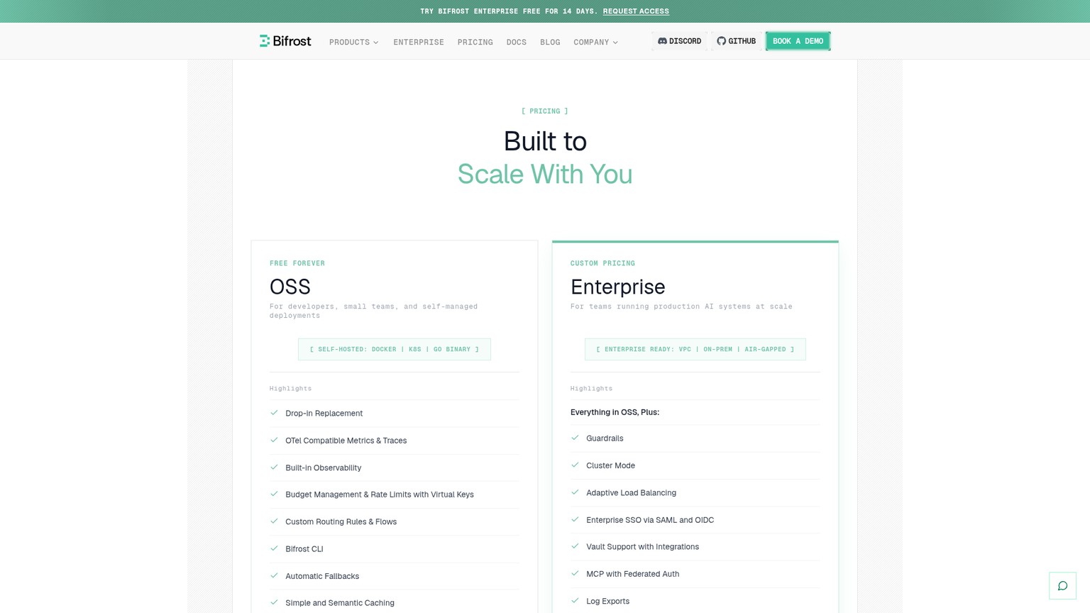 Preços do gateway Bifrost nos planos OSS e Enterprise