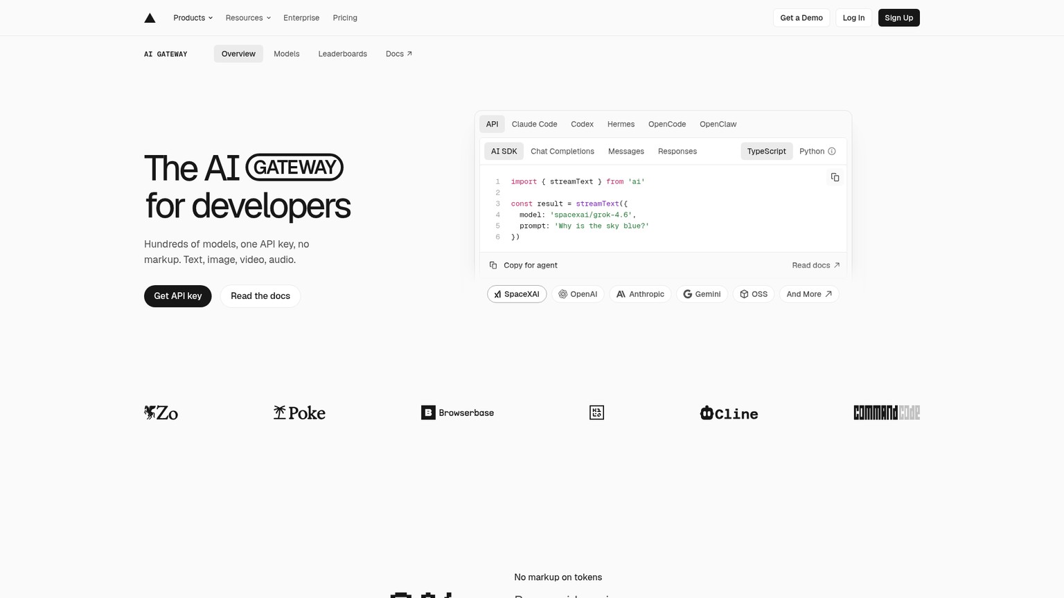 Vercel AI Gateway product page showing unified model access and gateway controls