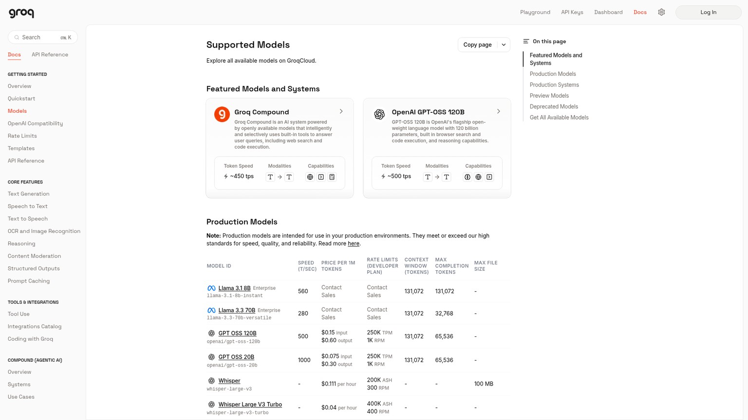 GroqCloud supported models with speed, price, and rate limits