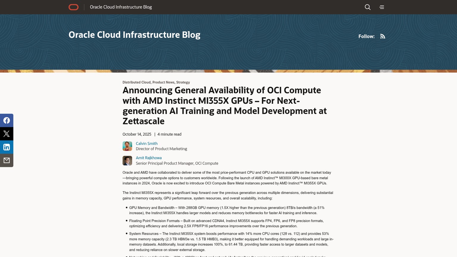 Oracle Cloud Infrastructure AMD MI355X bare-metal instance details