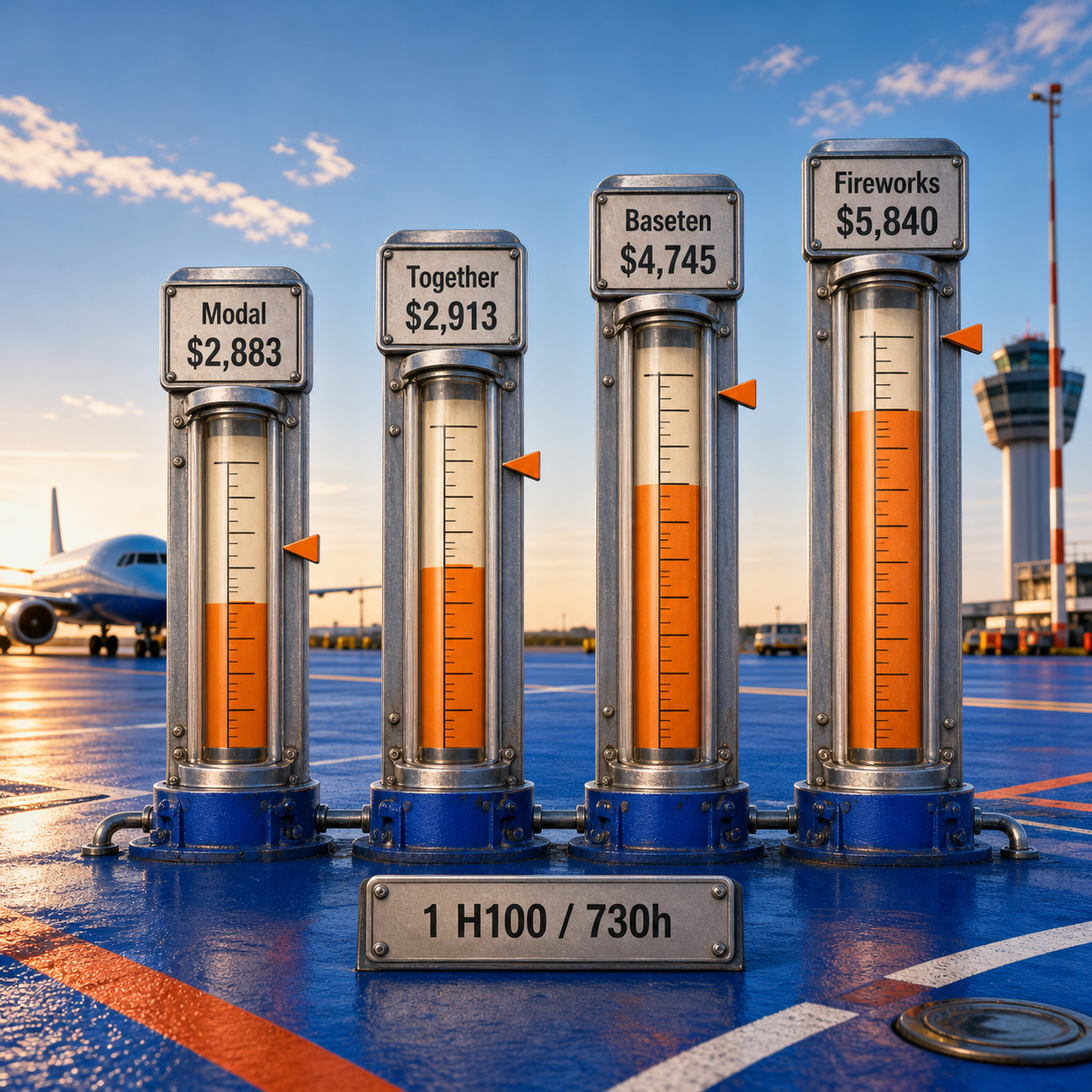 Cuatro indicadores de combustible comparan los costes públicos de una H100 durante 730 horas en Modal, Together AI, Baseten y Fireworks AI