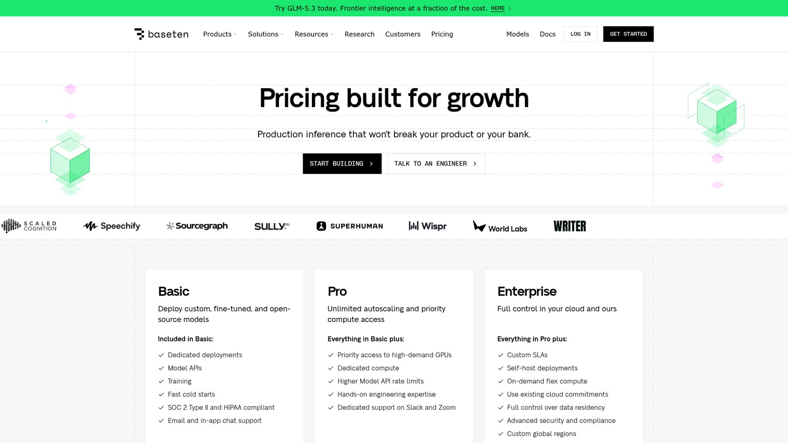 Página de precios de Baseten que muestra los planes Basic, Pro, Enterprise y las tarifas de cómputo