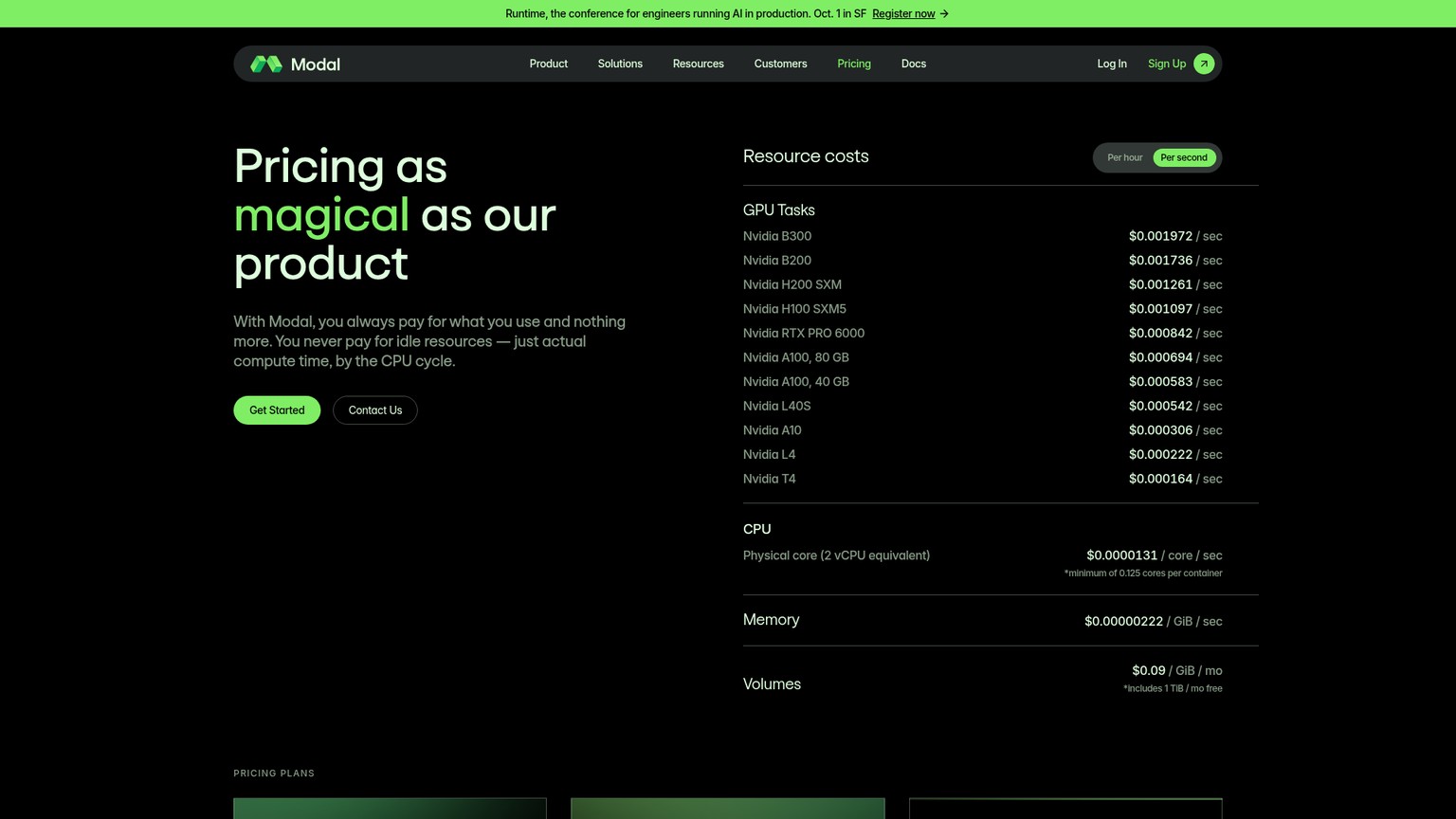 Página de precios de Modal mostrando los planes Starter, Team, Enterprise y las tarifas de GPU