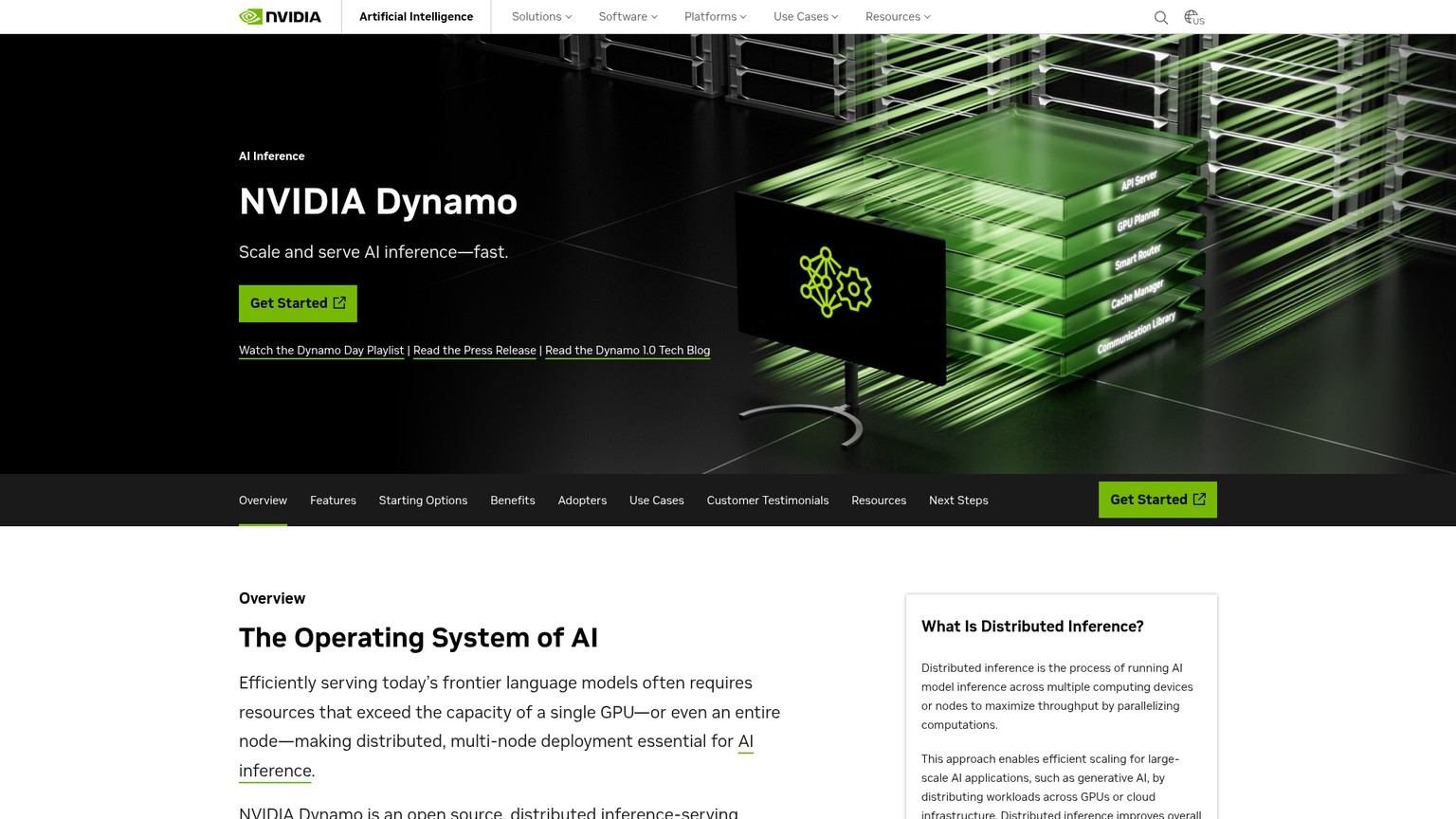 Página de producto de NVIDIA Dynamo mostrando capacidades de inferencia distribuida