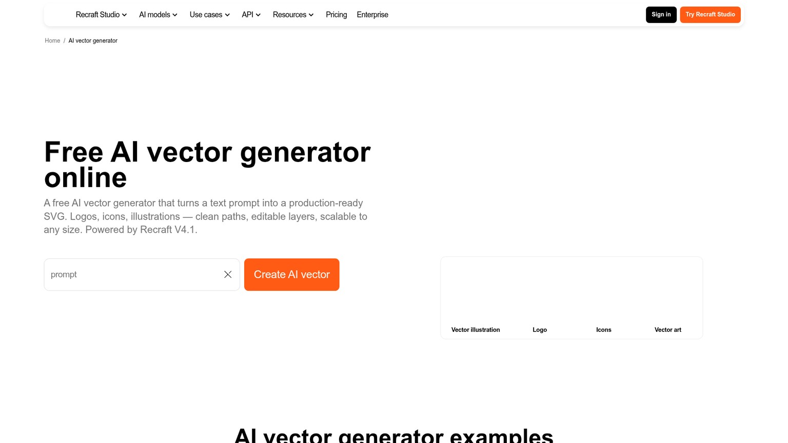 Recraft AI vector generator page showing prompt-to-SVG artwork