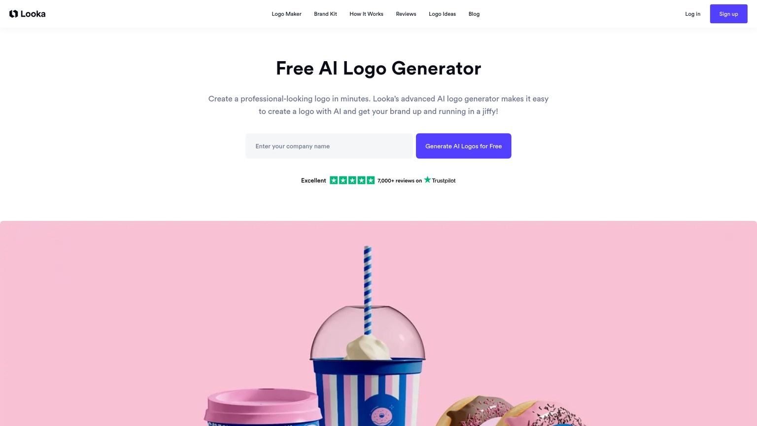 Looka AI logo generator page with guided logo creation and brand kit