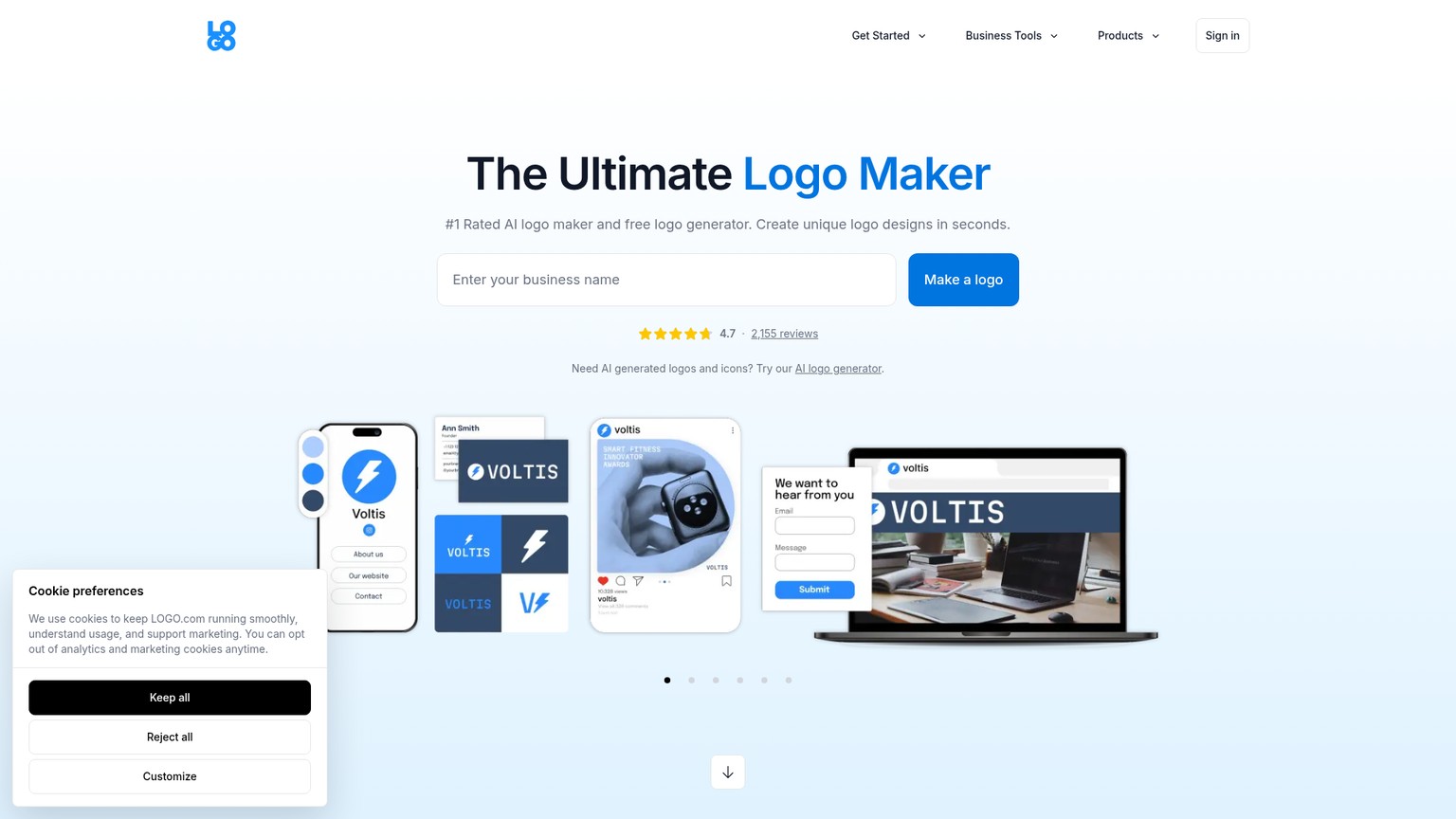 LOGO.com logo maker page showing editable logo concepts and brand tools