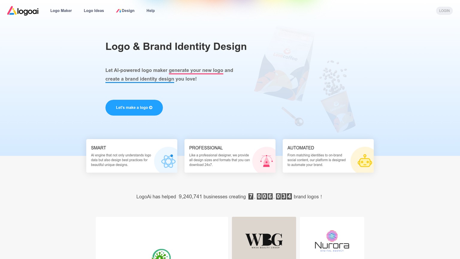 LogoAI homepage showing AI logo and automated brand identity creation