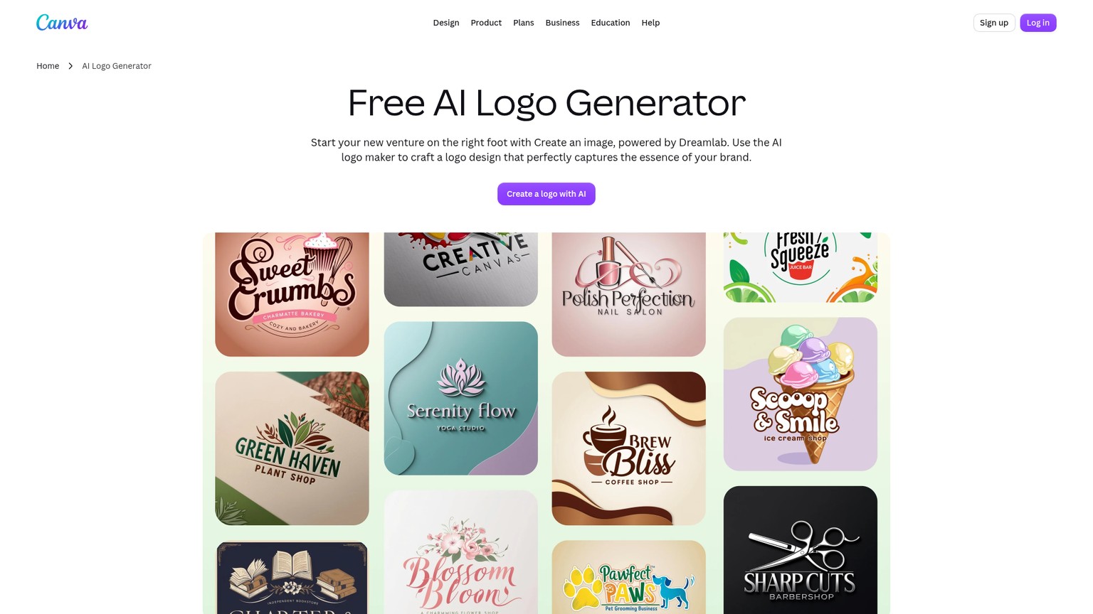 Canva AI logo generator page powered by Dream Lab