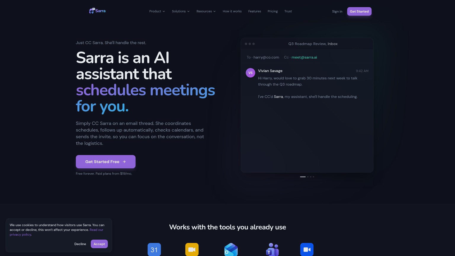 Sarra AI scheduling assistant website showing the CC email workflow