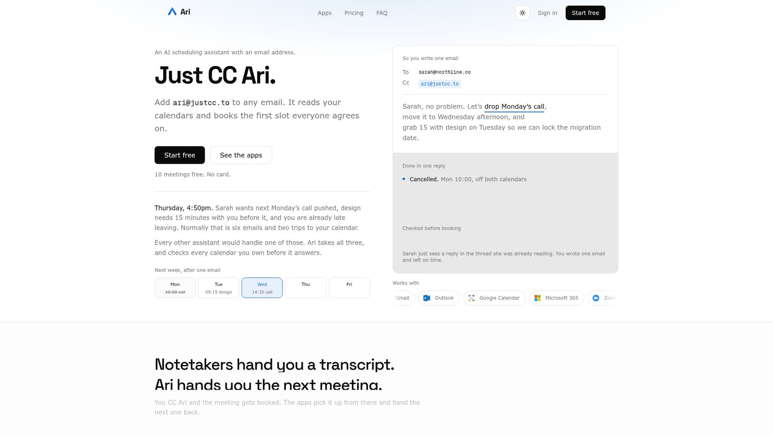JustCC website showing Ari coordinating several scheduling actions from one email