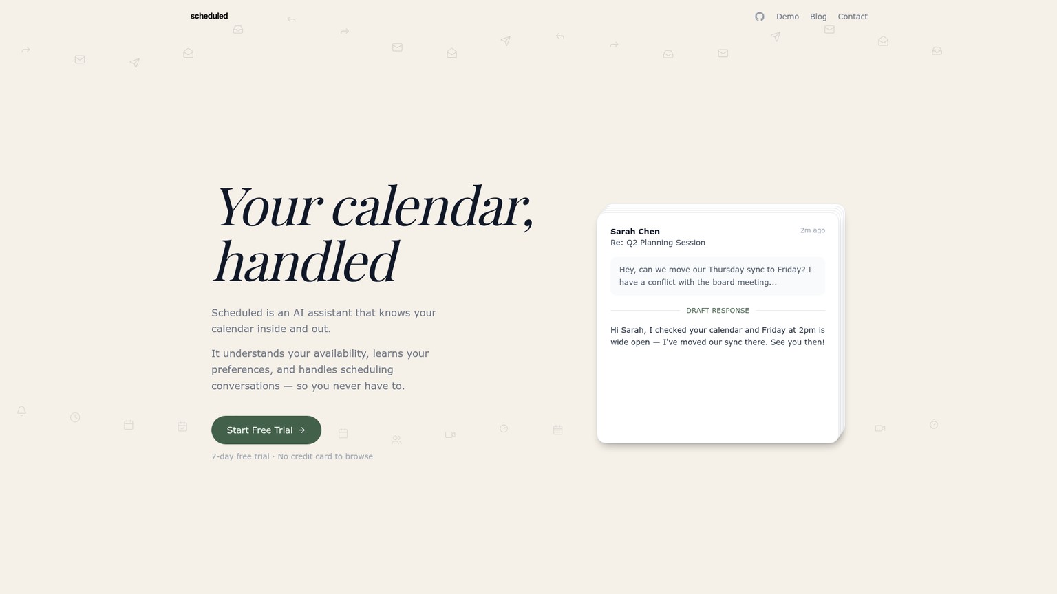 Scheduled AI email assistant website showing calendar-aware draft responses