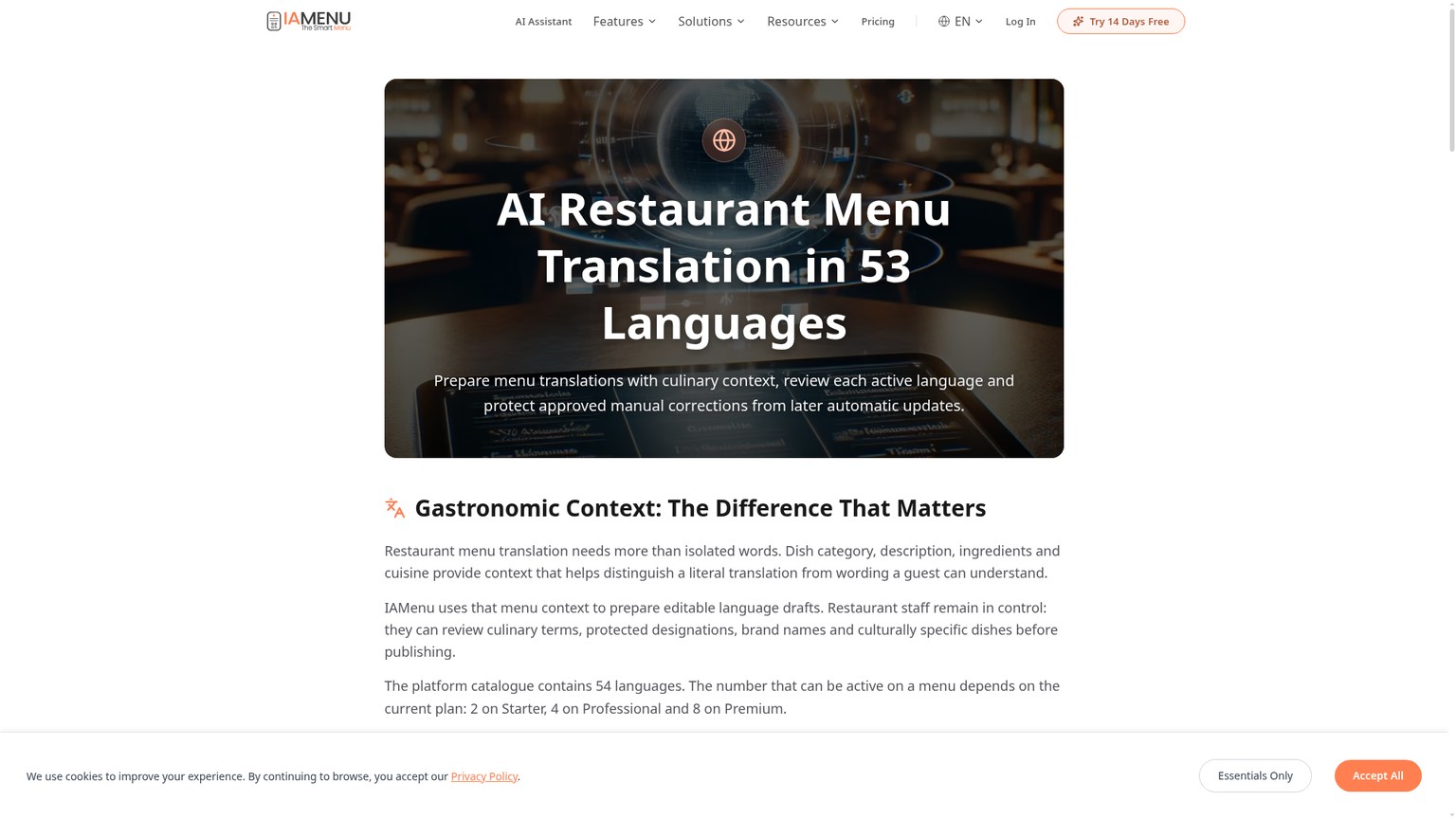 Página del producto de traducción de menús para restaurantes con IA de IAMenu