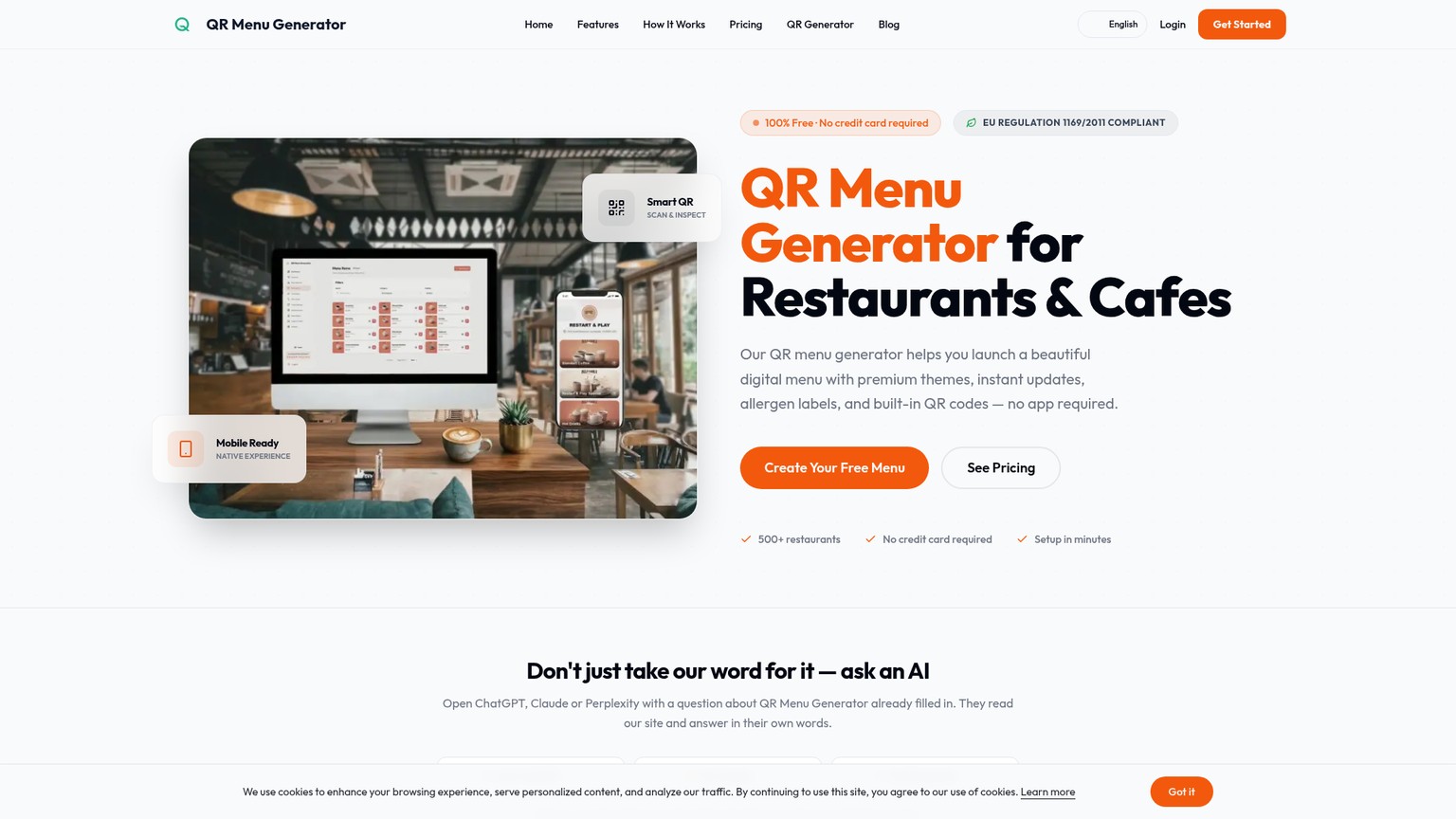 Página de inicio de QR Menu Generator para publicar menús de restaurantes