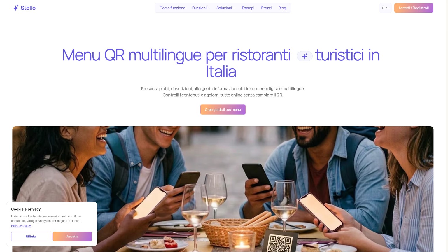 Página de Stello para crear un menú QR multilingüe en restaurantes turísticos