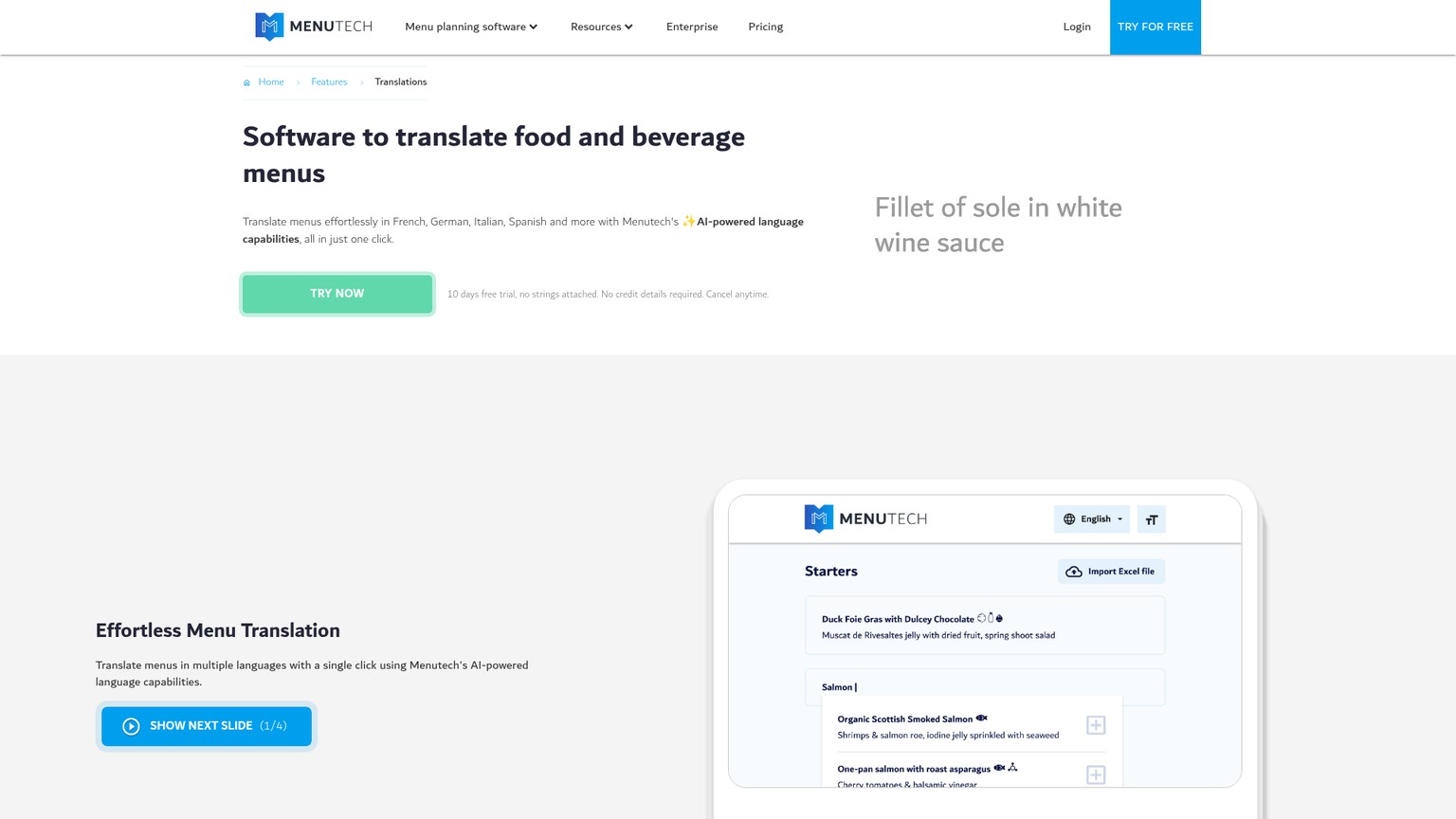 Página de Menutech sobre traducción de menús de alimentos y bebidas