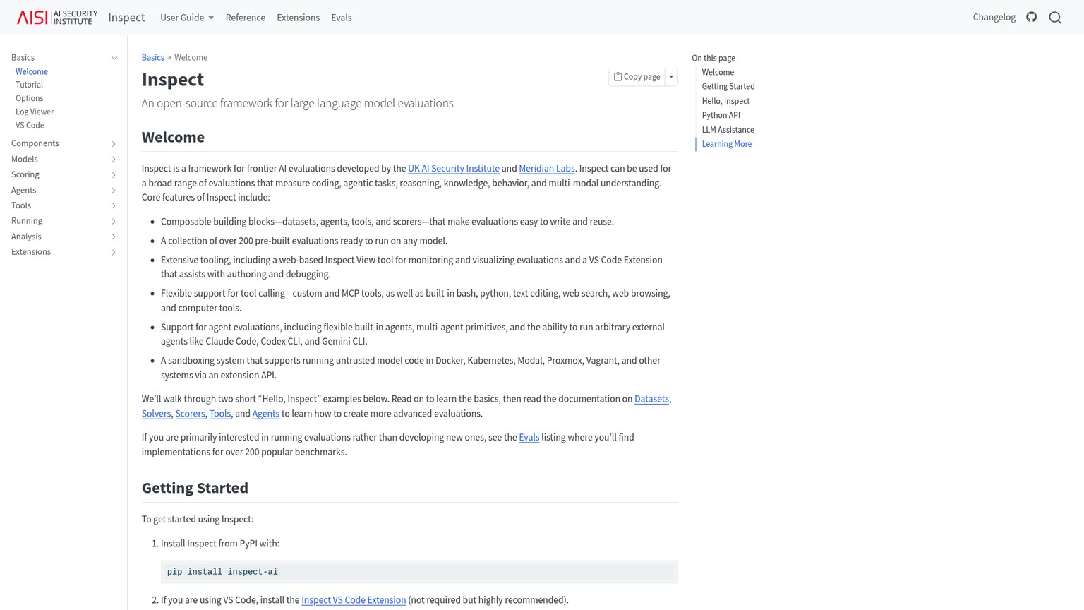 Inspect AI open-source model evaluation framework documentation