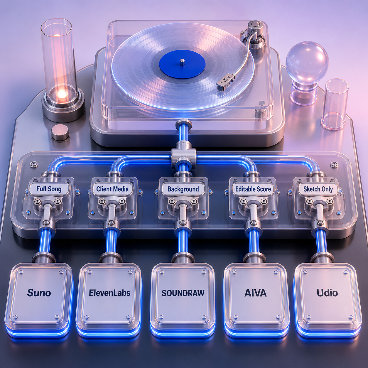 Decision flow routing five music jobs to Suno, ElevenLabs, SOUNDRAW, AIVA, and Udio