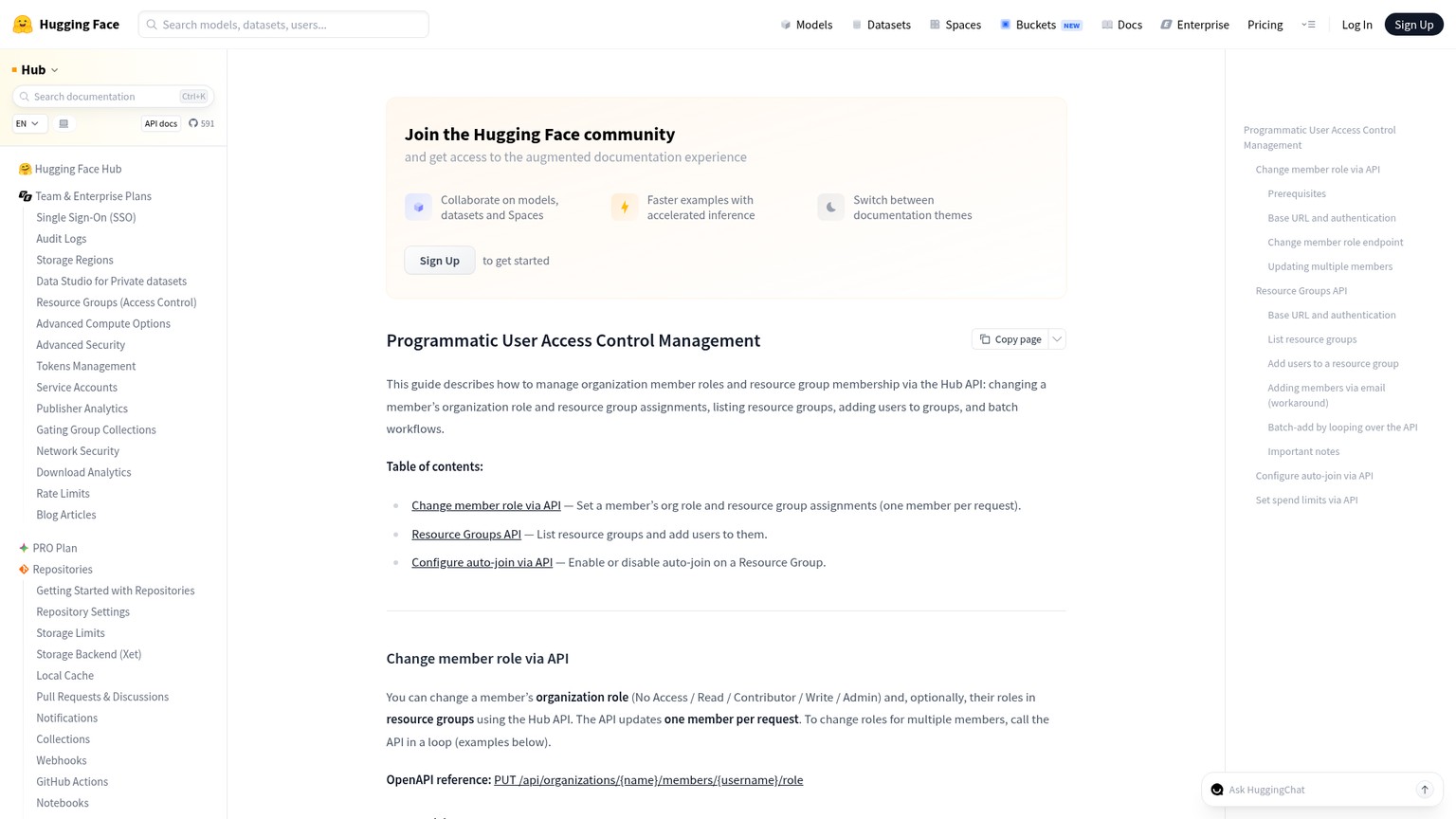 Hugging Face programmatic user access control documentation