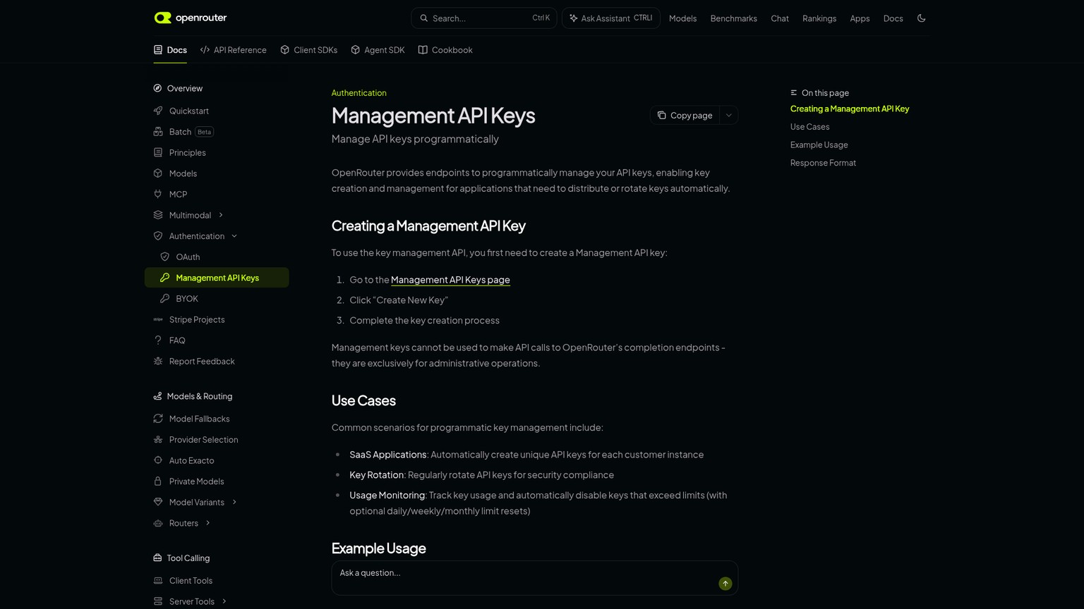 OpenRouter Management API key documentation