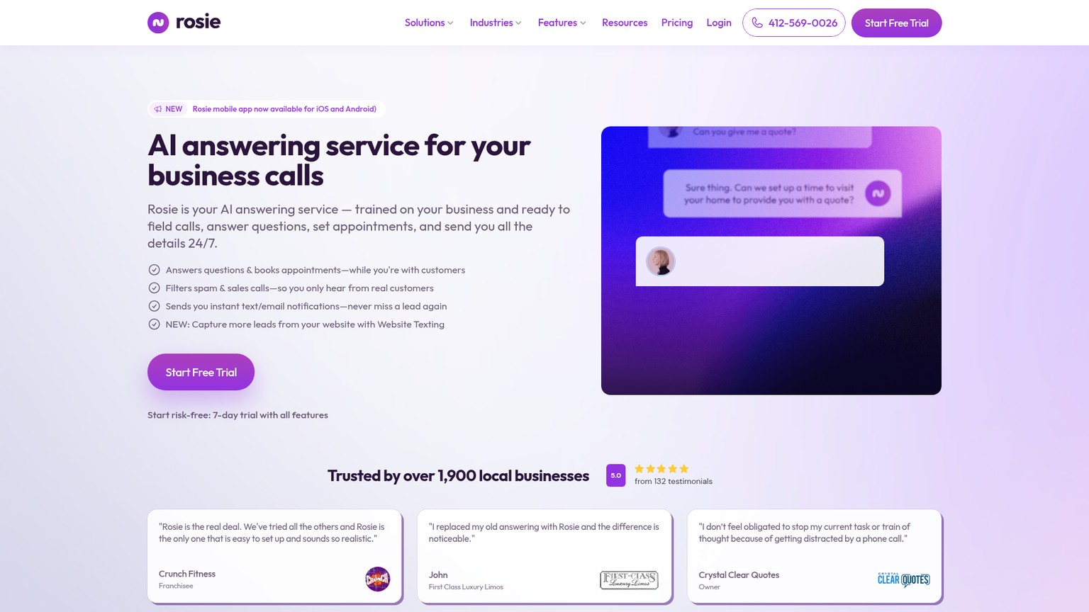 Rosie AI receptionist screenshot