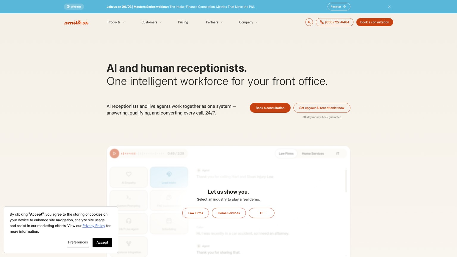 Smith.ai AI receptionist and human agents screenshot