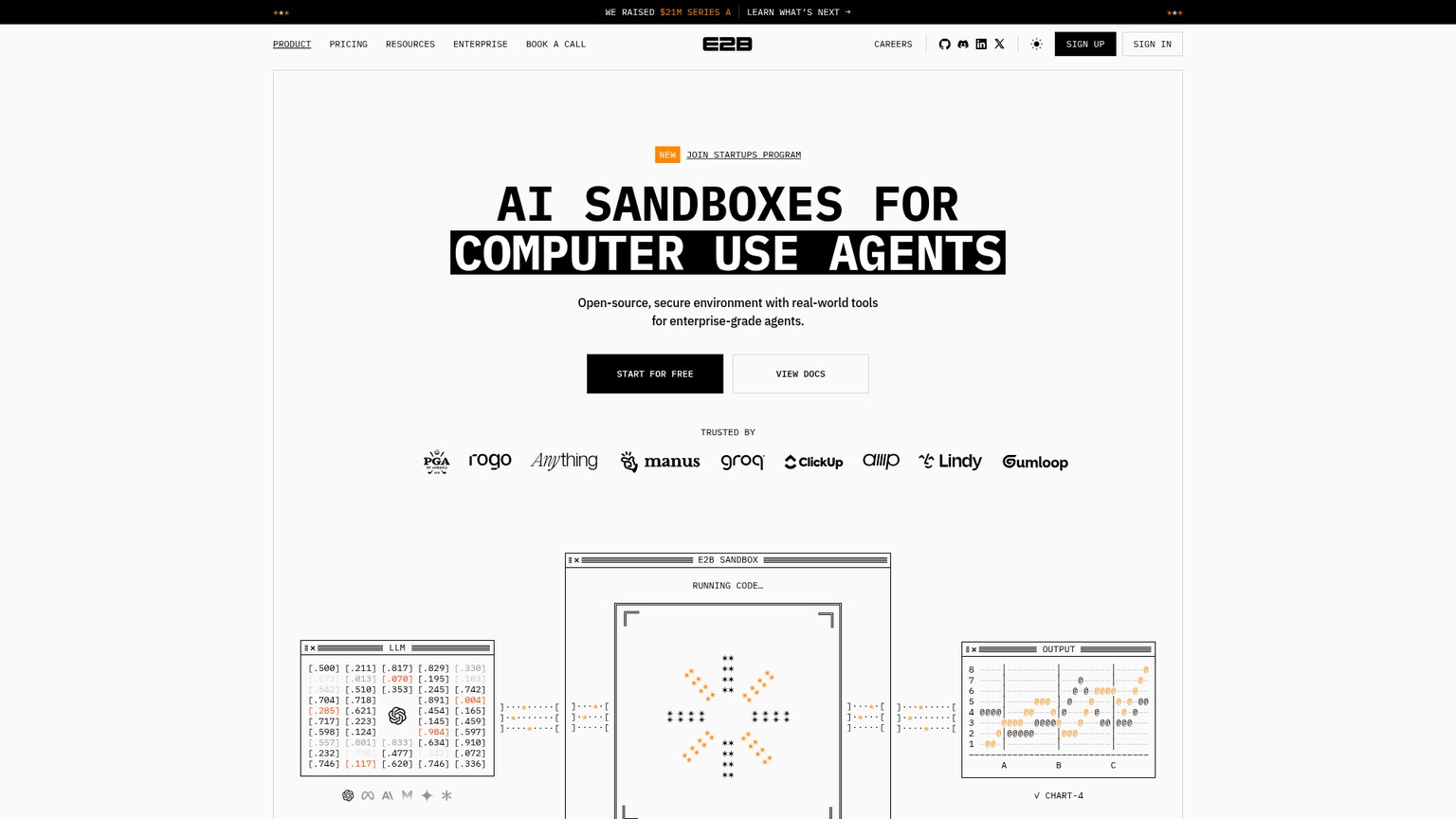 E2B homepage showing secure cloud sandboxes for AI agents