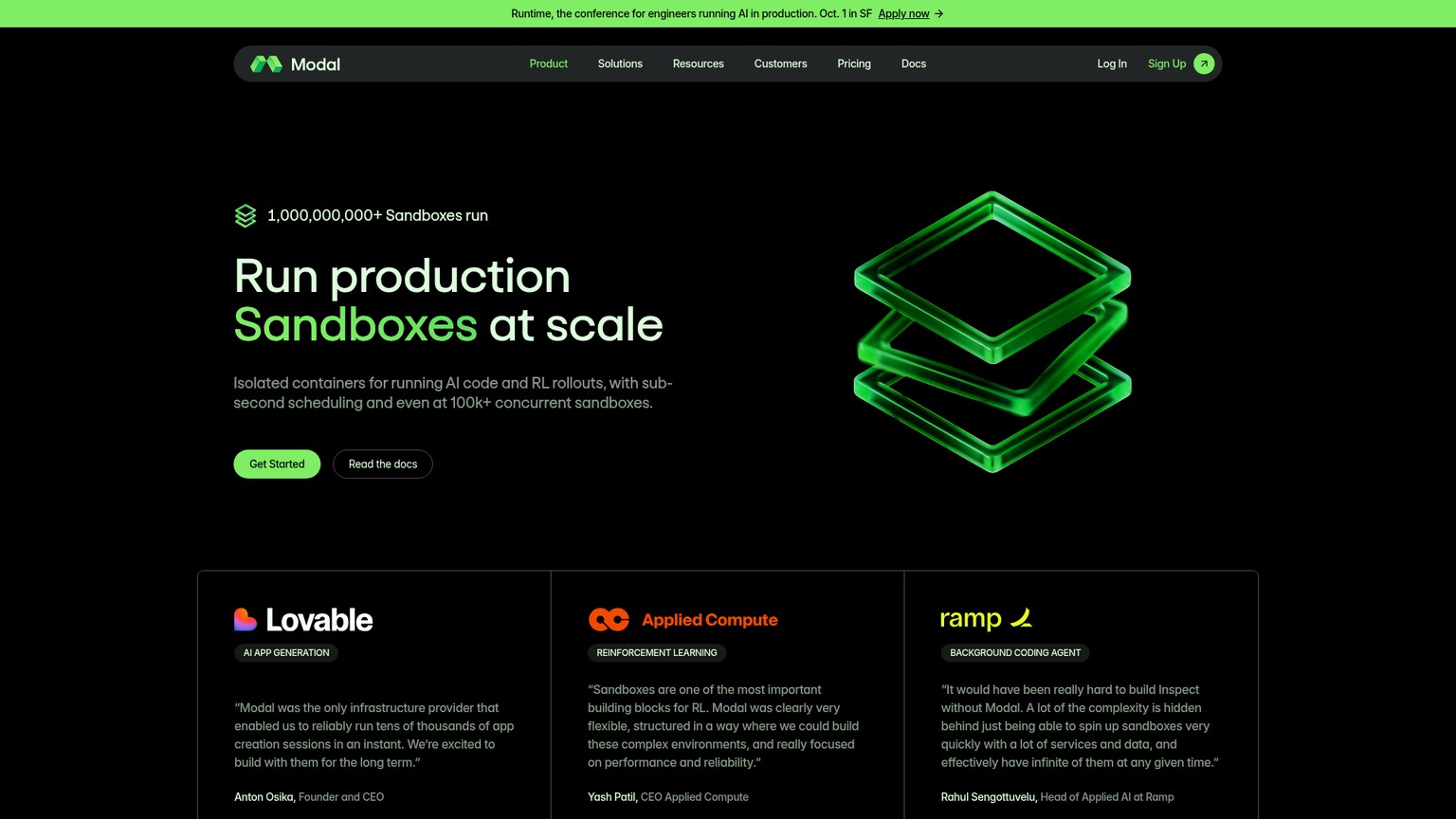 Modal Sandboxes product page for Python, GPU, and sandbox workloads