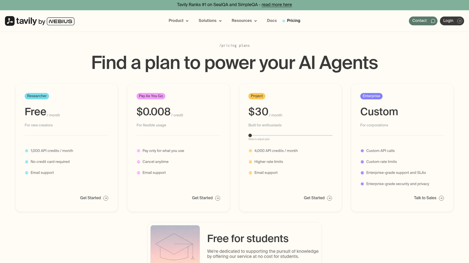 Tavily pricing page for AI agent search credits