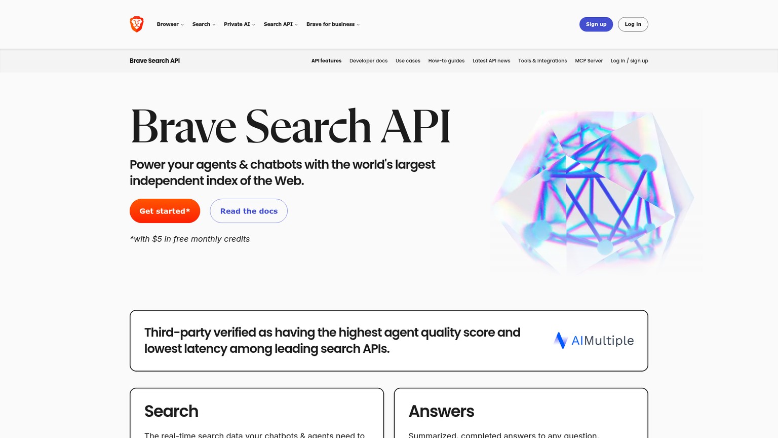 Brave Search API page showing plans and agent search capabilities