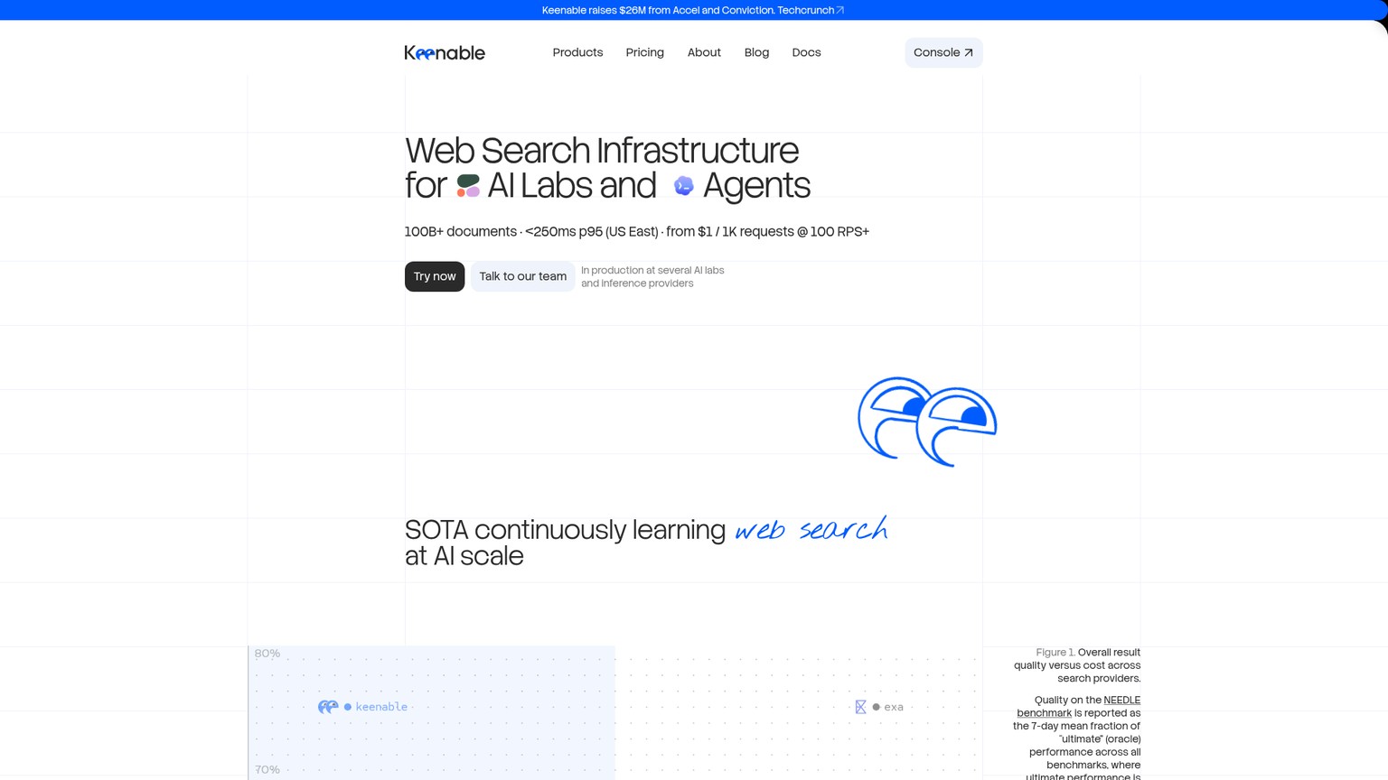 Keenable web search infrastructure page for AI agents