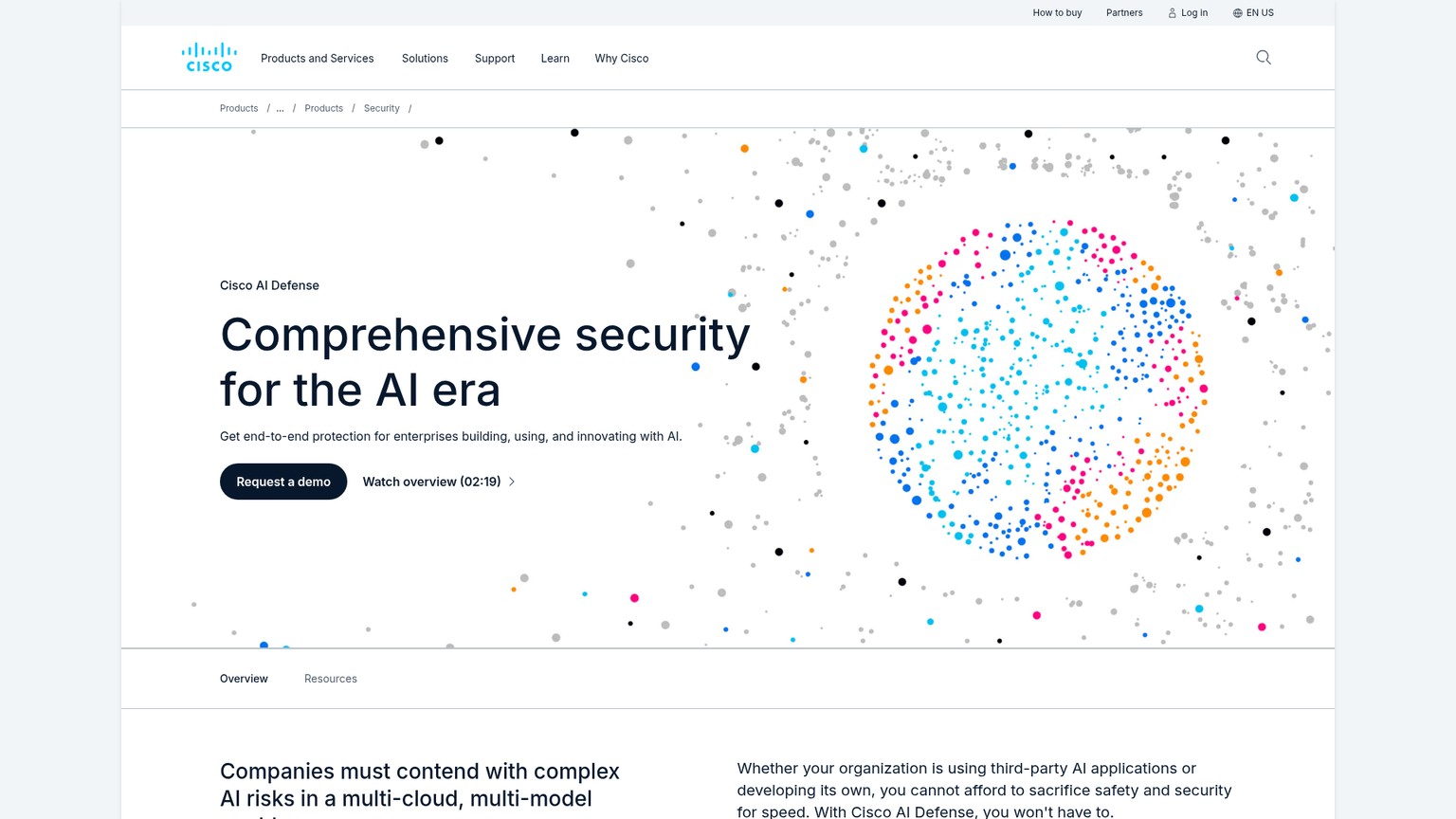Cisco AI Defense product page showing AI security capabilities