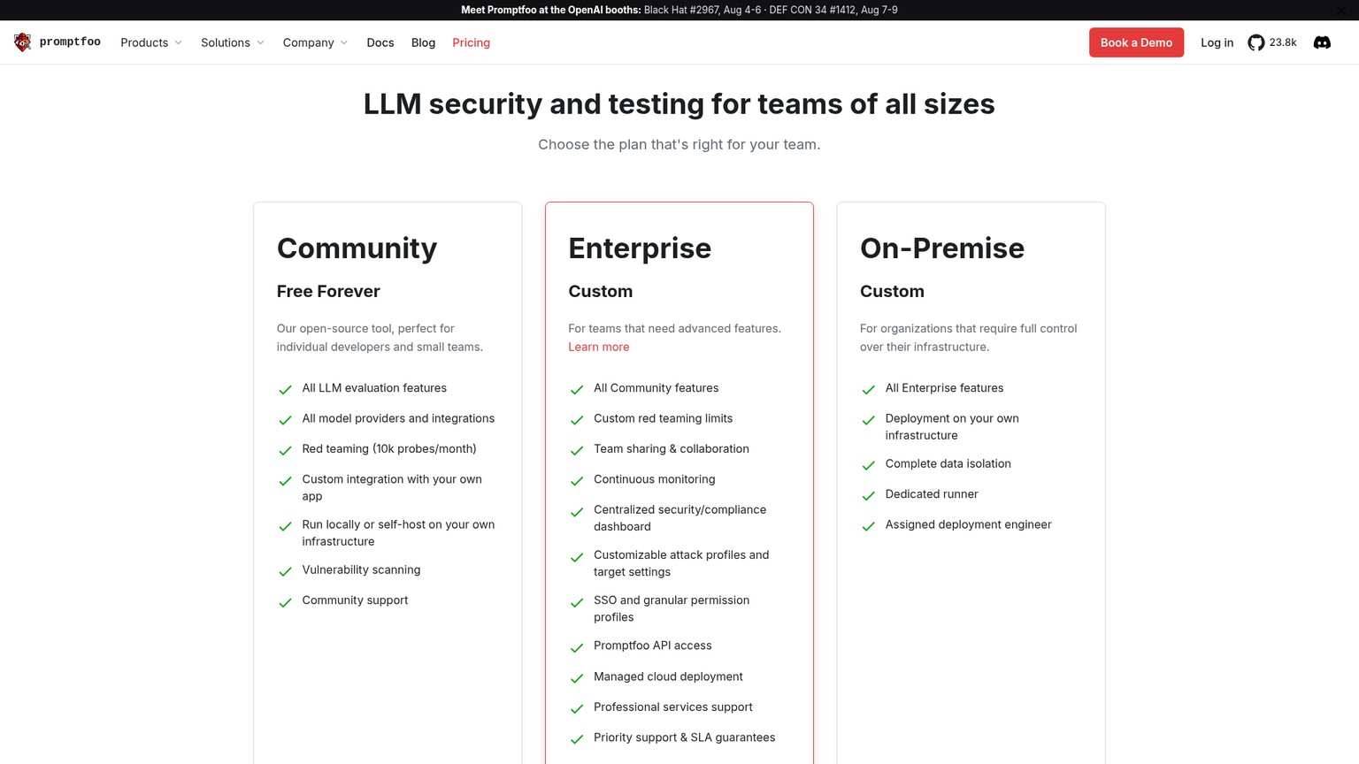 Promptfoo pricing page showing Community, Enterprise, and On-Premise tiers